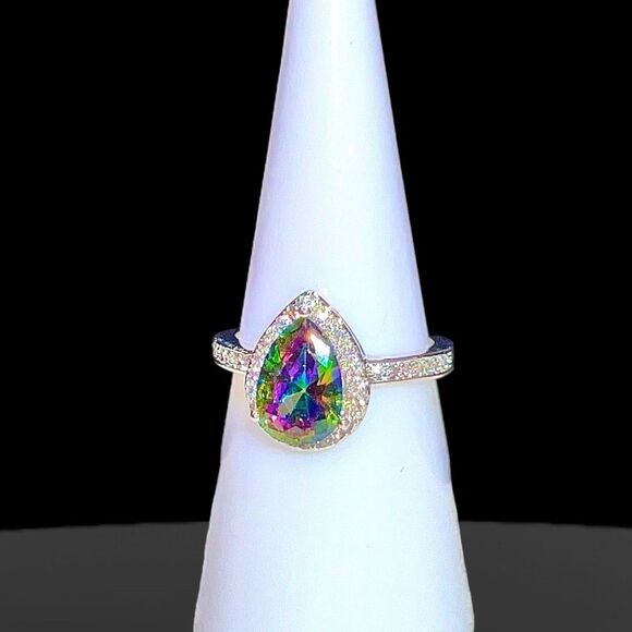 New Exclusively Fancy Mystic Rainbow Teardrop Cut .925 Sterling Silver Ring w CZ - Picture 9 of 10